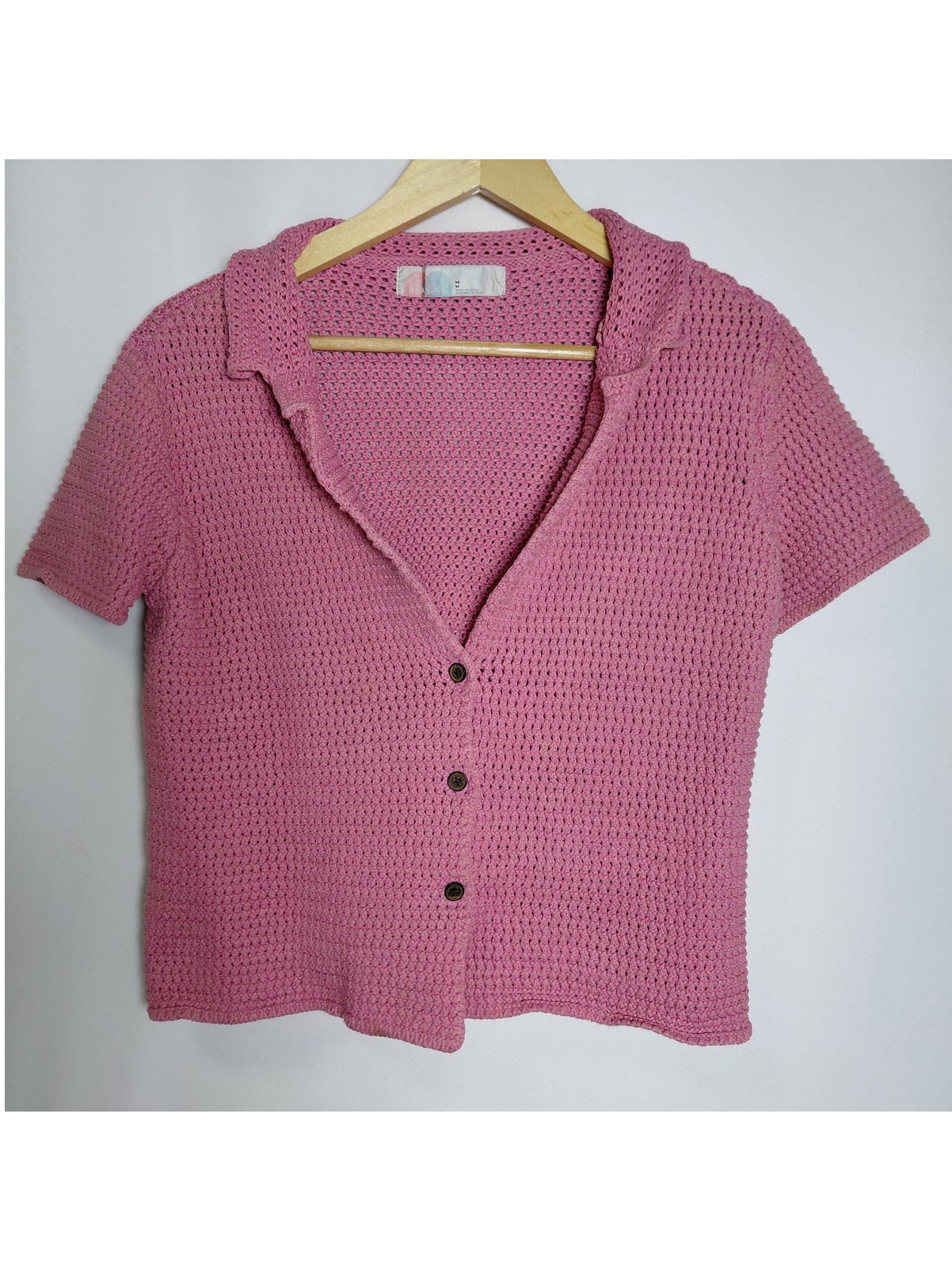 Fp Beach Pink Knit Button-Up Top Solid Short Sleeve Women Size M